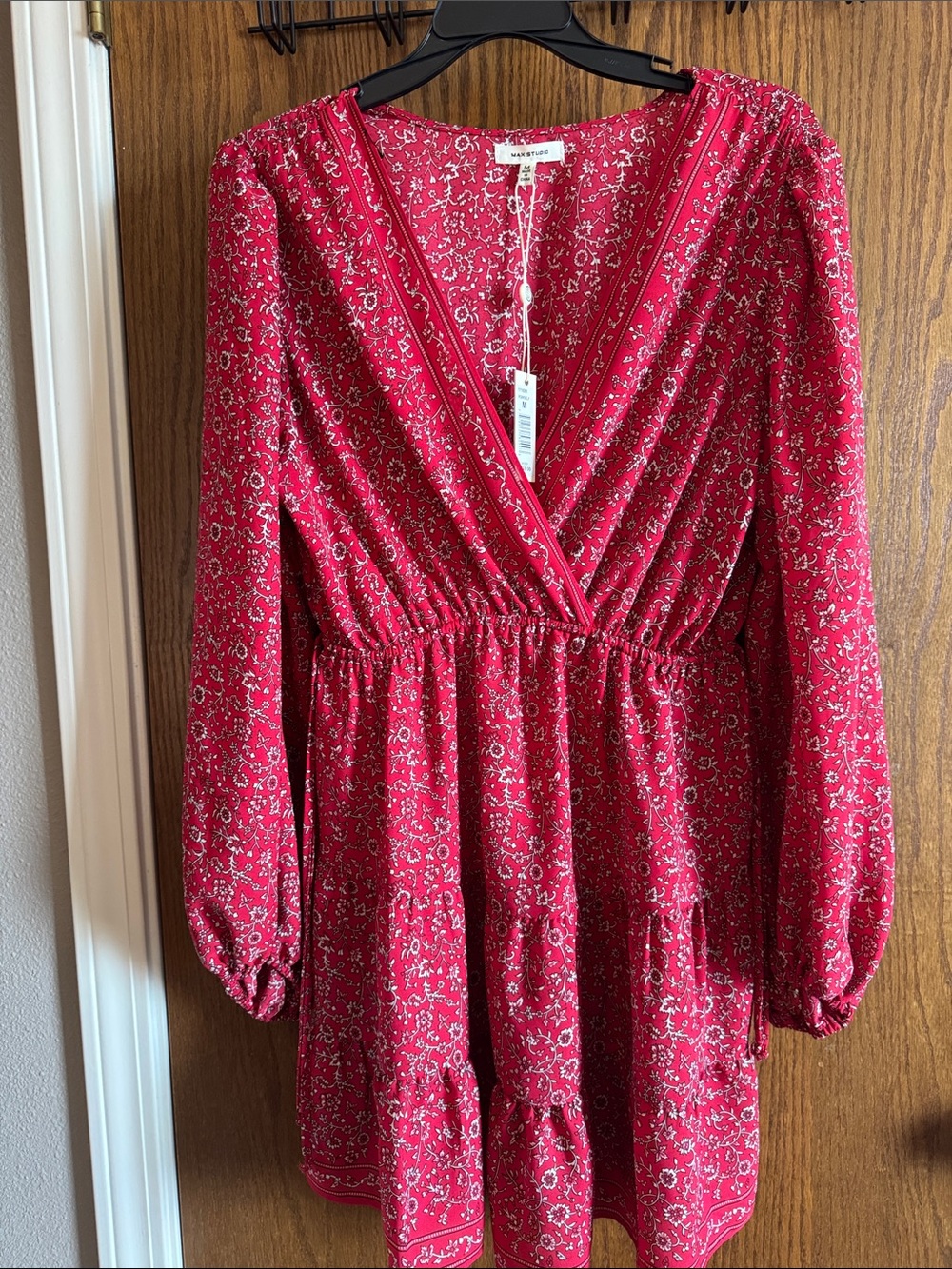 Max Studio Red Floral Dress with Long Sleeves